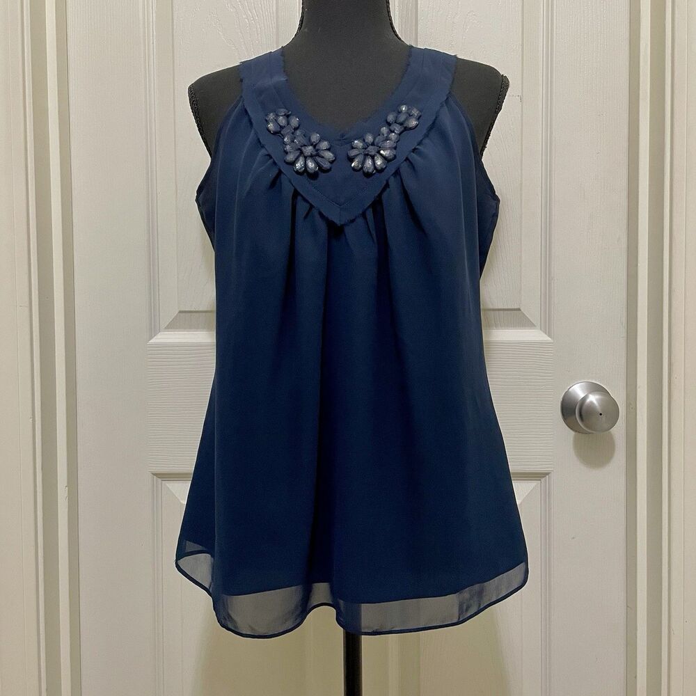 Banana Republic Tank Navy Blue‎ Shirt Embellished Neckline Jewels Beads Medium